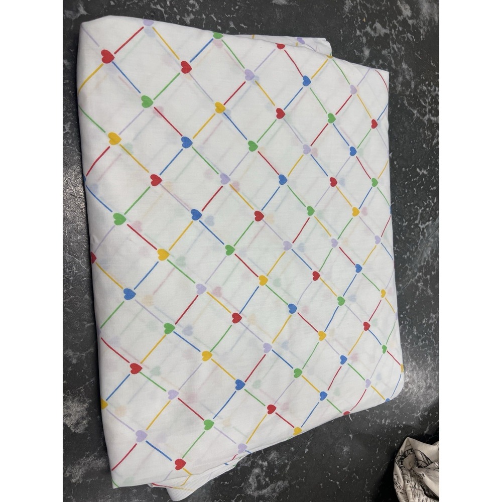 Vintage Sears Twin Flat Sheet Heart Lattice Primary Young At heart  White 80s